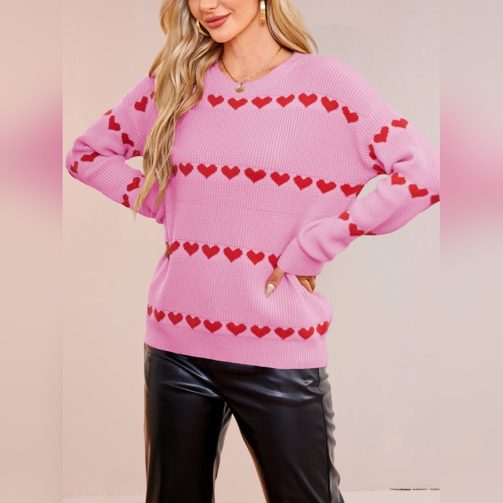 Pink Heart Ribbed Pattern Sweater - Picture 2 of 9